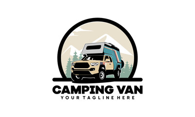 RV camper van classic style logo vector illustration, camper truck with roof top tent and pine forest illustration logo vector