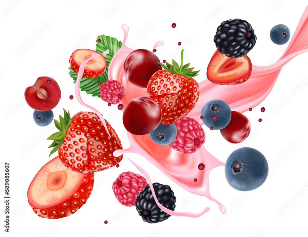 Aufkleber mix berries smooth fruit with liquid plashing of tropical fruits isolated on white background. vecto