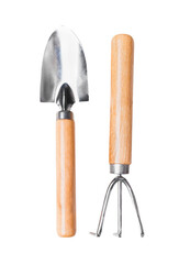 Gardening tools: shovel and rake, isolated