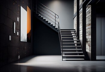 3d wall. Modern industrial interior, stairs, clean space in indu. Generative AI