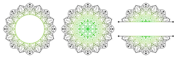 Set of flower mandalas. Split pattern in form of mandala for Henna Mehndi or tattoo decoration. Decorative ornament in ethnic oriental style, vector illustration.	