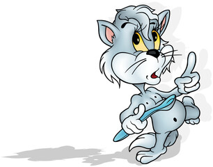 Cute Kitty with Yellow Eyes Holding Spoon and Pointing wit his Finger