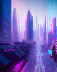 Ilustración de ciudad nocturna futurista con edificios y con un brillo violeta