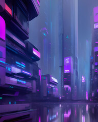 Ilustración de ciudad nocturna futurista con edificios y con un brillo violeta