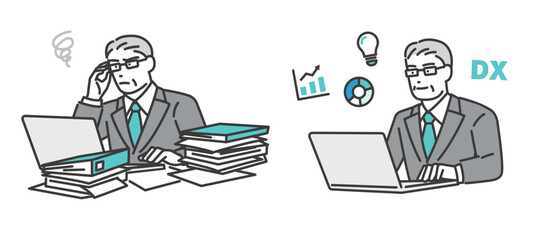 DX化で作業効率が進んだシニアの経営者のベクターイラスト素材／ビジネスパーソン／IT／スーツ／DX