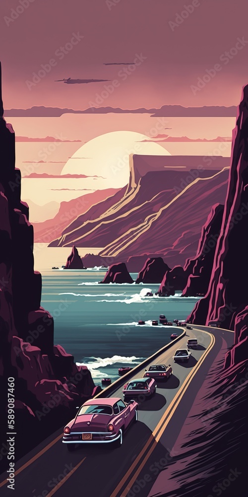 Poster sunset on a twisting road with a line of automobiles driving through the foreground. generative ai