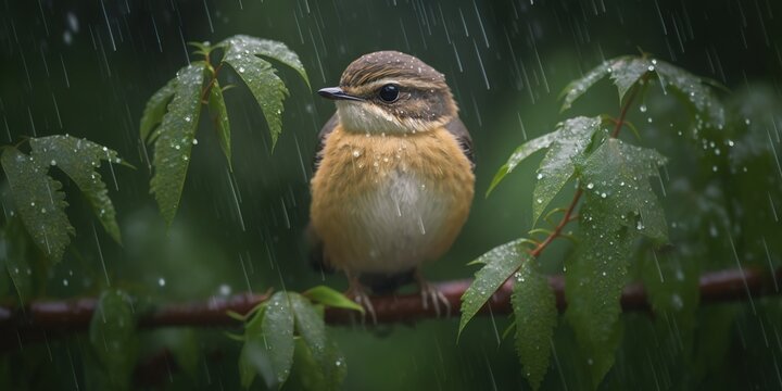 An umbrella plant provides shelter for a little winchat bird (Saxicola rubetra) in the Moscow area. Generative AI