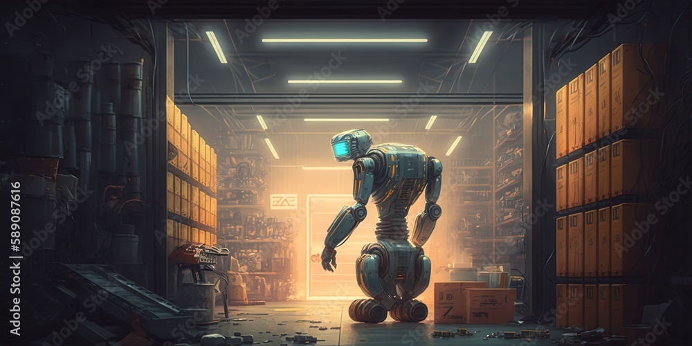 Poster cyborgs working in a fully automated warehouse. generative ai