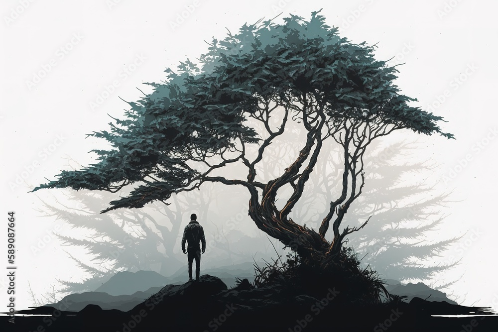 Poster an image of a guy standing next to a large tree in the fog, with trees in the distance. generative a
