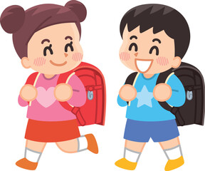 ランドセルを背負って歩く小学生の男女