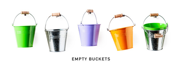 Colorful buckets set isolated on white background.