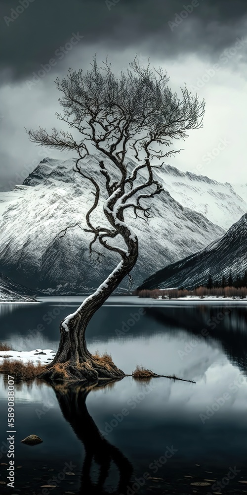 Poster a foggy day by a lake with an ancient tree reflecting the surrounding snowy mountains. generative ai