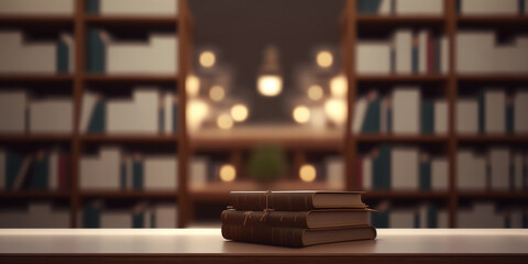 Books on a table in a Library room, blur background library, library concept design