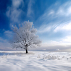 Solitude in the Wintery Wonder: A Captivating Photo of a Lone Tree in a Serene and Majestic Snowy Landscape Generative AI