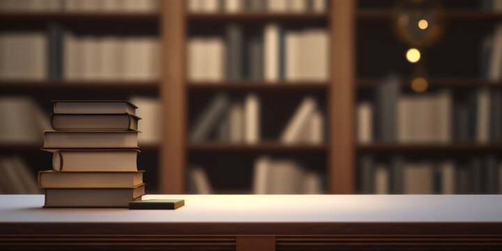 Books on a table in a Library room, blur background library, library concept design