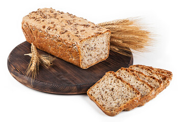 Whole wheat bread with sunflower seeds isolated on white background.