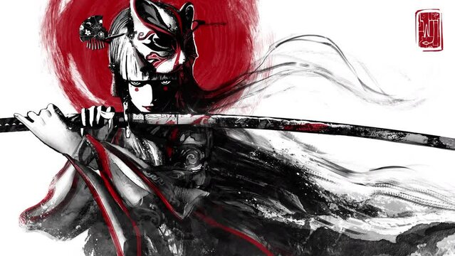 charming young samurai girl with a fox mask on head and a sharp bloody katana in her hands, she looks straight into eyes in a fighting stance wearing a kimono with patterns. clean looped 2d animation