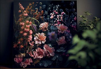 Oil painting art poster, generative Ai of flowers in a garden