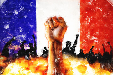 Revolution in France, protest, fight for rights, rally, demonstration concept. Hand fist up, fire and silhouette of crowd protesting against backdrop of flag of France. Grunge illustration