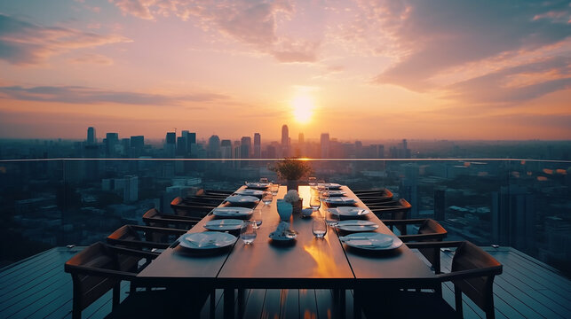 rooftop dinner bar and restaurant of building cityscape landscape, at summer twilight sunrise background,