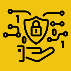 Cybersecurity icon. Protection black a line icon. The hand holds a shield with a closed padlock as a symbol of security. Vector illustration flat design. Isolated on white background.