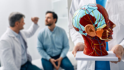 Neurology, conceptual image. Anatomical model of human head with vascular structures and nerves in foreground of neurologist's consultation with patient in hospital - 589090449