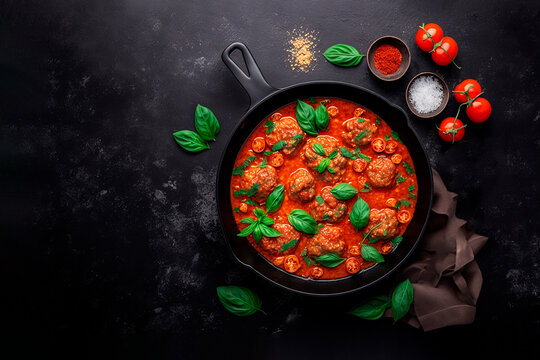Meatballs with mushrooms in tomato sauce in frying pan