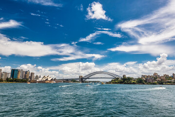 Naklejka premium Cityscape of Sydney, Australia with Opera House and Harbour Bridge