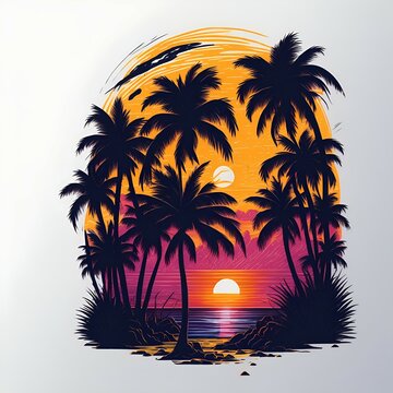 Palm tree on the beach. Vector illustration design for fashion graphics, t shirt prints, sweatshirts, Generative Ai