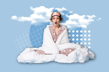 Photo cartoon comics sketch collage picture of impressed funny lady covered warm blanket isolated...