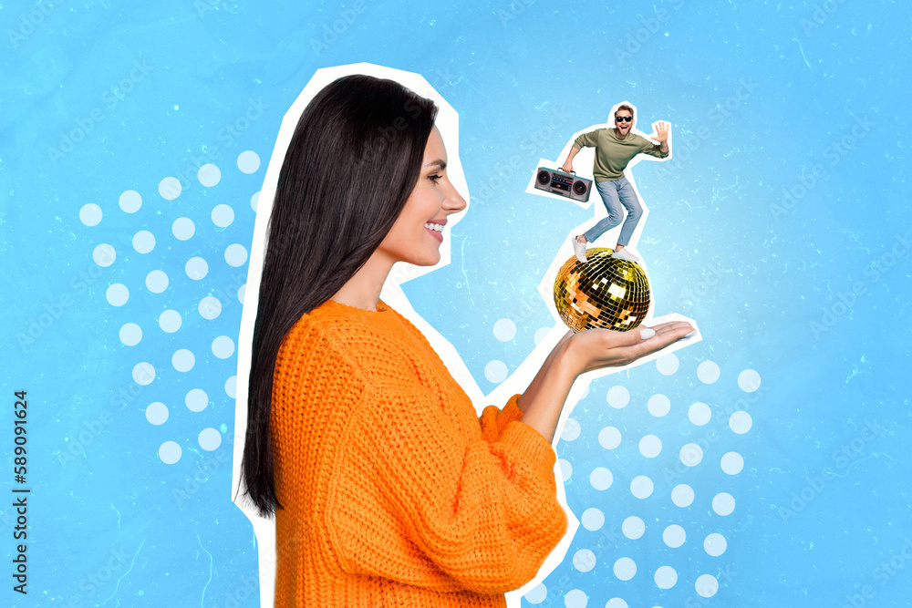 Poster Artwork magazine collage of happy smiling lady holding disco ball funny guy dancing boom box isolated drawing background