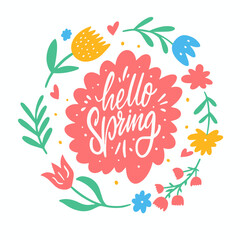 Hello Spring white color calligraphy phrase and spring season.