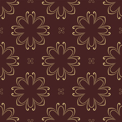 Floral brown and golden vector ornament. Seamless abstract classic background with flowers. Pattern with repeating floral elements. Ornament for wallpaper and packaging