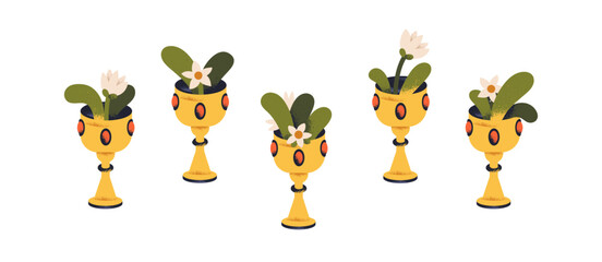 Gold goblet award with blooming flowers set. Floral plants, leaves in golden winner cup. Blossoming bouquets in mystic gilded prize bowls set. Flat vector illustration isolated on white background