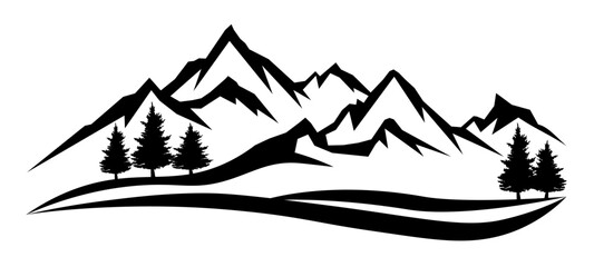 Black silhouette of mountains peak and forest fir trees, camping adventure outdoor landscape panorama illustration icon vector for logo, isolated on white background