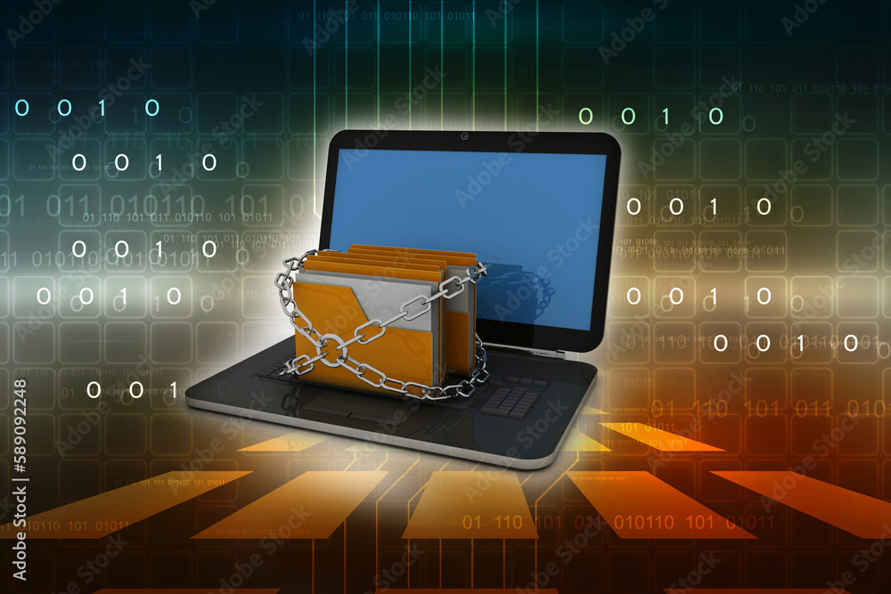 Poster 3d rendering folder connected to laptop sharing document with traffic cone