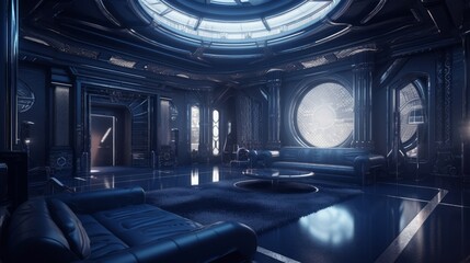 Discover the Stunning Blue and Navy Luxury Futuristic Interior with Intricate 8K HD Digital Art and Award-Winning Design in an Ancient Italian Palace, Generative AI