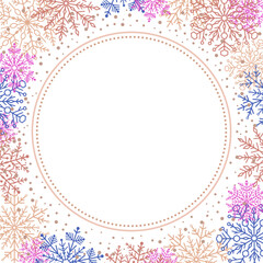 Winter vector frame with arabesques and snowflakes. Fine greeting card. Pattern with colorful snowflakes