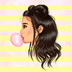 Girl With Bubble Gum Pattern Background Hand Drawn Illustration