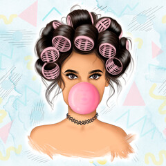 Girl With Bubble Gum Pattern Background Hand Drawn Illustration