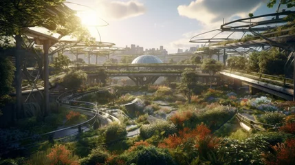 Poster Futuristic City Park boasts AI irrigation and Neural Network Growth Optimization, with Hyper-Detailed Cinematic Flair and Beautiful HUID Interfaces, Generative AI © Georgy
