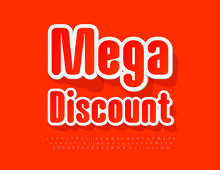Vector promo tag Mega Discount with bright sticker Font. Red set of Alphabet Letters, Numbers and Symbols