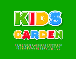 Vector Bright poster Kids Garden. Colourful Glossy Font for Children. Creative Alphabet Letters, Numbers and Symbols 