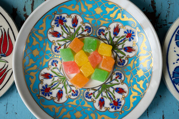 Traditional Turkish Delight (Turk Lokumu) and  Ottoman Tile Photo, Uskudar Istanbul, Turkiye
