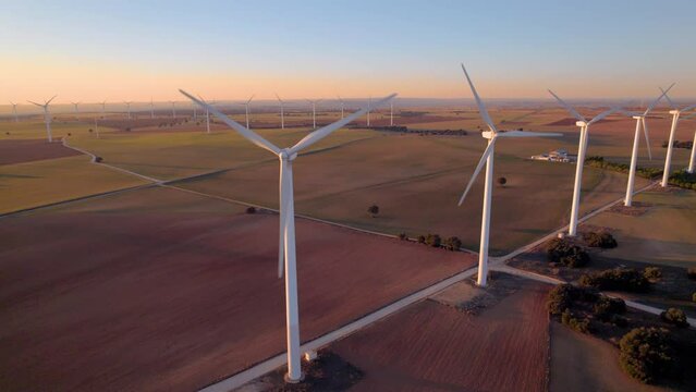 View from above of a group of wind turbines in a row over an agricultural field at sunset. Group of windmills turbines spinning in a row in a wind farm producing electricity at sunset, Spain
