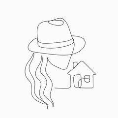 Minimalist line drawing of woman with home. Woman in hat and long hair  with house line drawing icon. Female Woman realtor logo. 