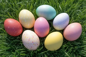 Fototapeta na wymiar Easter Eggs Arranged In Green Spring Grass Wholesome Atmospheric Art -Generative Ai - Ai - Generative