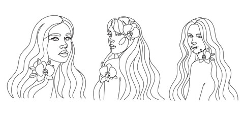 A woman with long hair and an orchid in it line drawing . Beautiful girl minimalistic one line vector art with flowers on her head