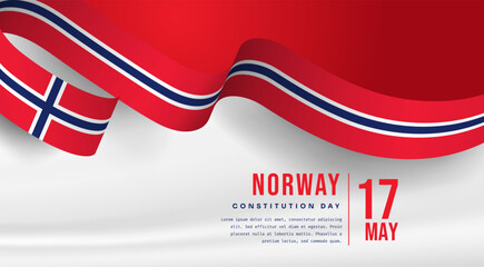 Banner illustration of Norway independence day celebration with text space. Waving flag and hands clenched. Vector illustration.