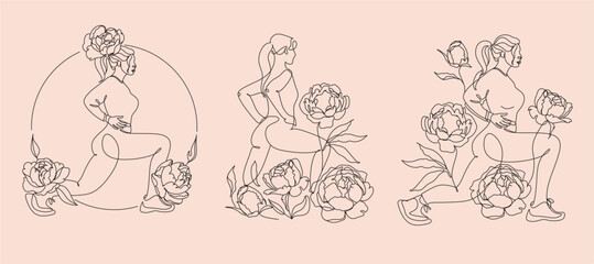 Girl athlete shakes her butt and hips. Floral woman doing sports. A minimalistic logo for a fitness gym